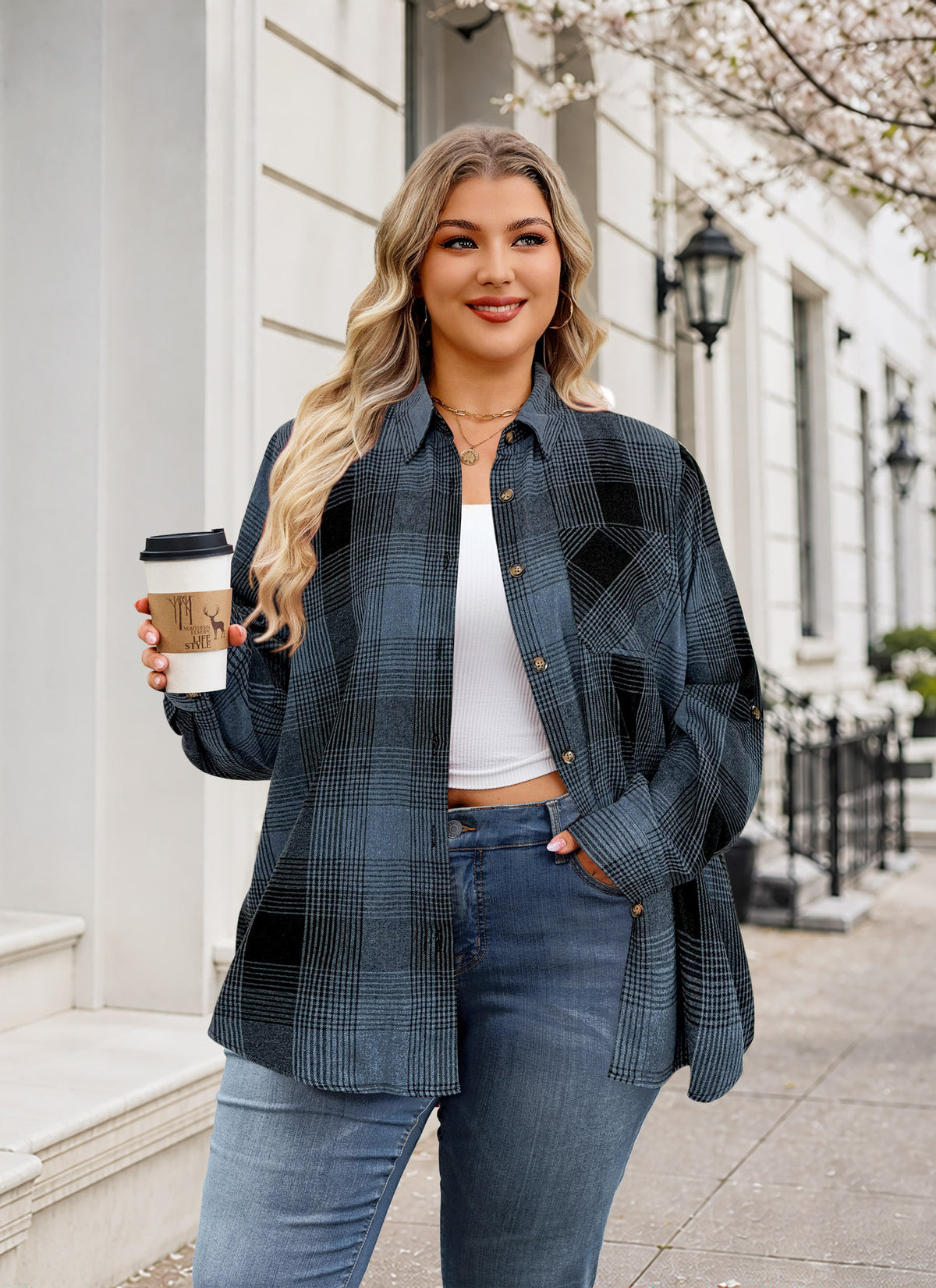 Plus Size Blue Gray Plaid Button-Up Shirt. F20