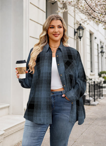 Plus Size Blue Gray Plaid Button-Up Shirt. F20