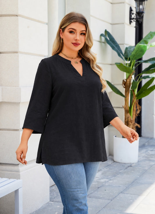 Plus Size Black Split V-Neck Tunic Top  L13