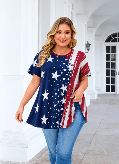 Women's Plus Size American Flag Tunic Top – Short Sleeve Patriotic Swing Blouse e20
