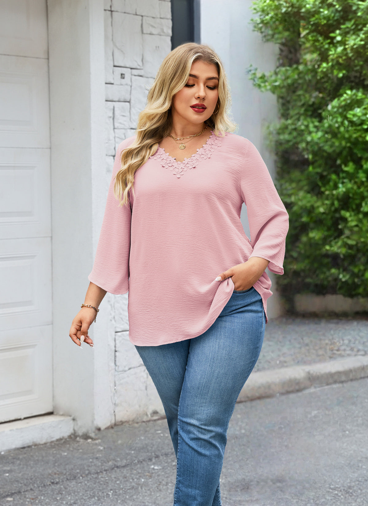 Plus Size Dusty Pink Floral Lace V-Neck Blouse