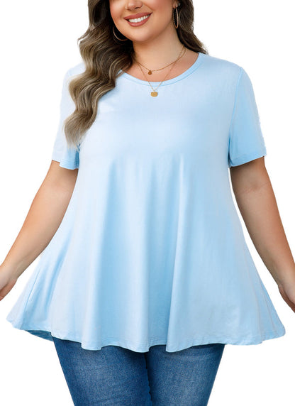 Women's Plus Size Swing Tunic Top – Short Sleeve, Flowy Flare, Crew Neck Blouse to Wear with Leggings b26