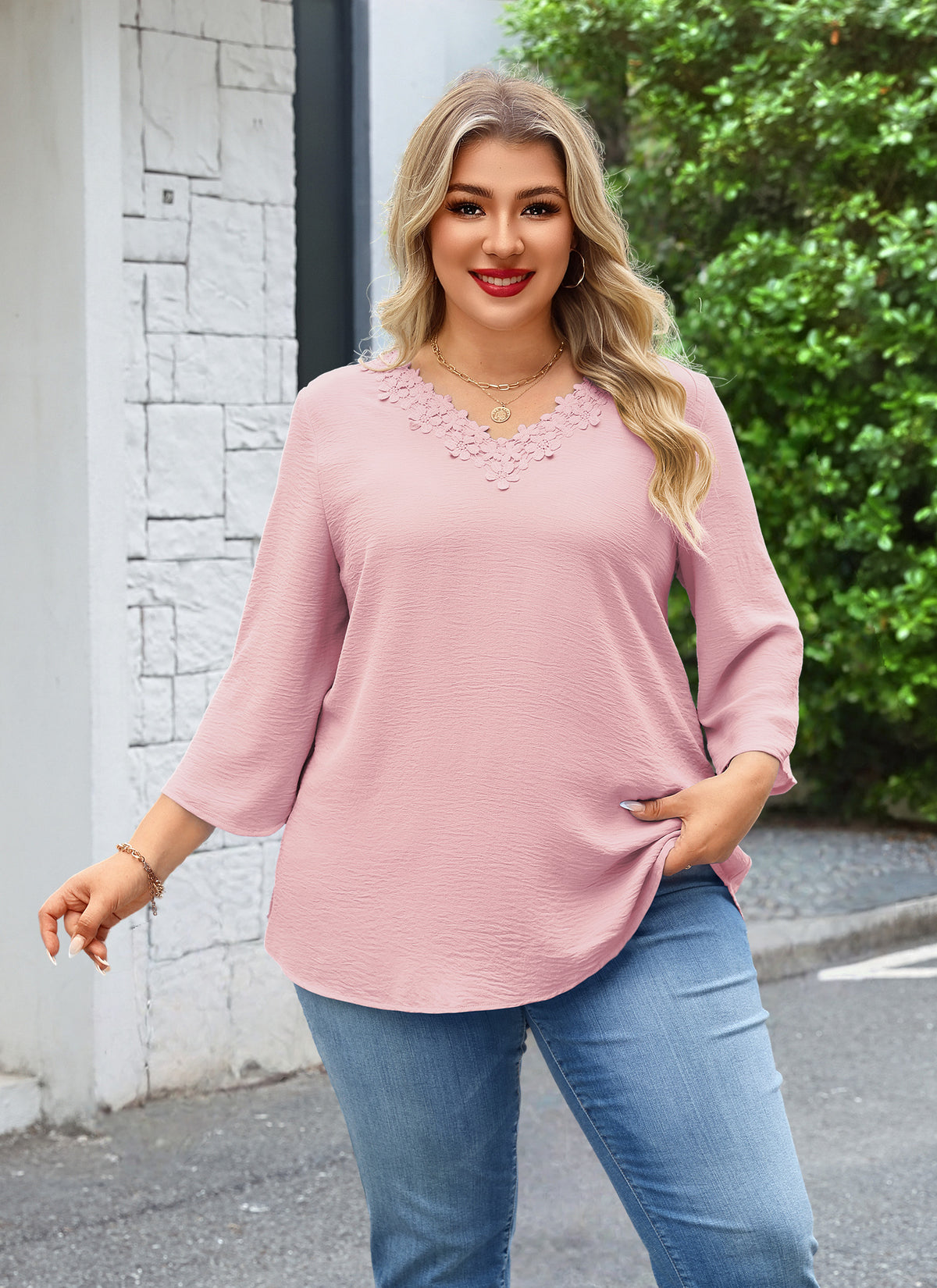 Plus Size Dusty Pink Floral Lace V-Neck Blouse