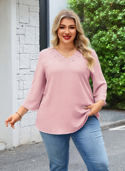 Plus Size Dusty Pink Floral Lace V-Neck Blouse