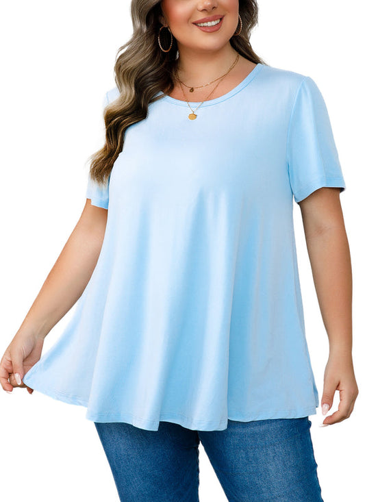 Women's Plus Size Swing Tunic Top – Short Sleeve, Flowy Flare, Crew Neck Blouse to Wear with Leggings b26