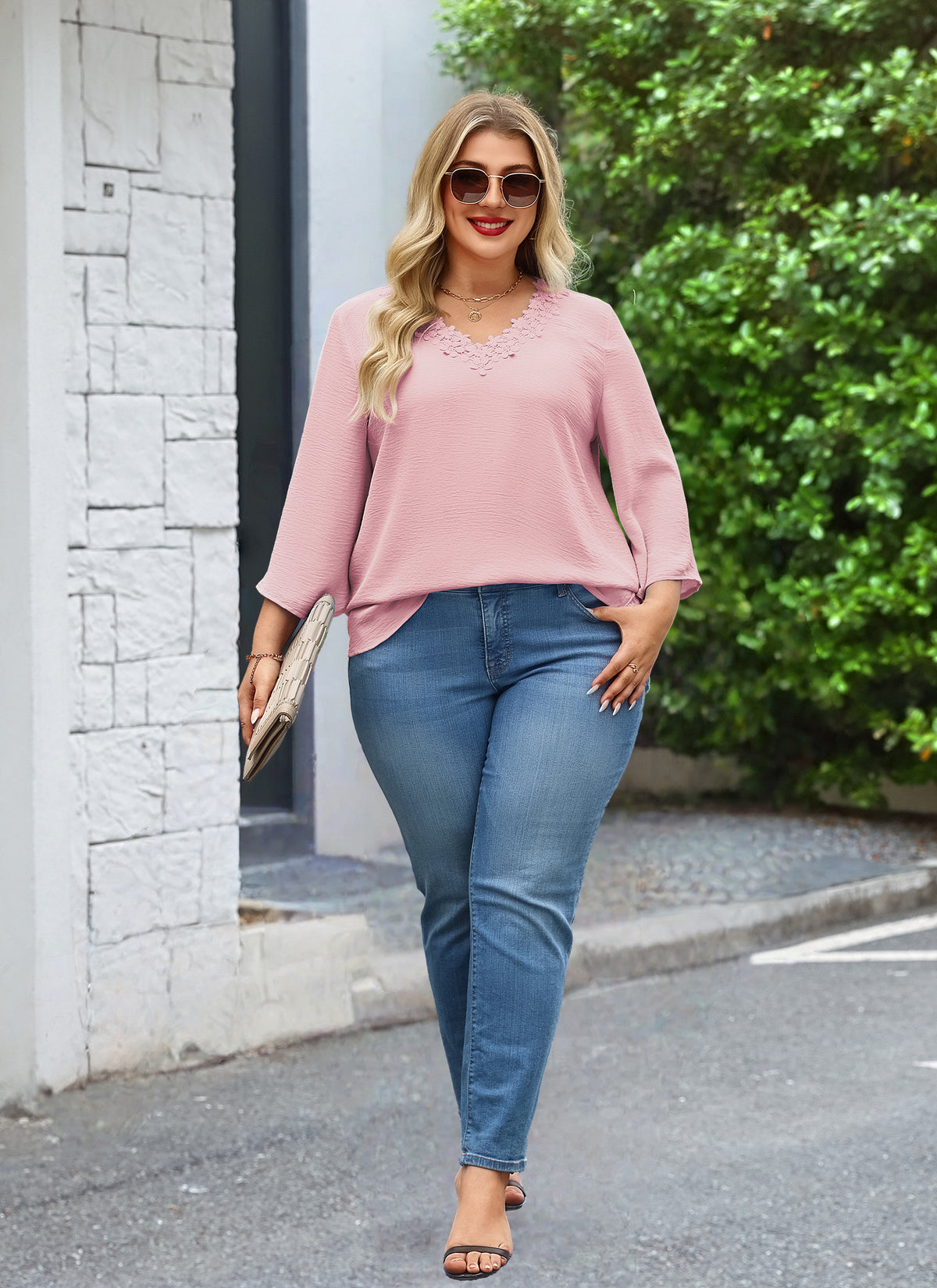 Plus Size Dusty Pink Floral Lace V-Neck Blouse