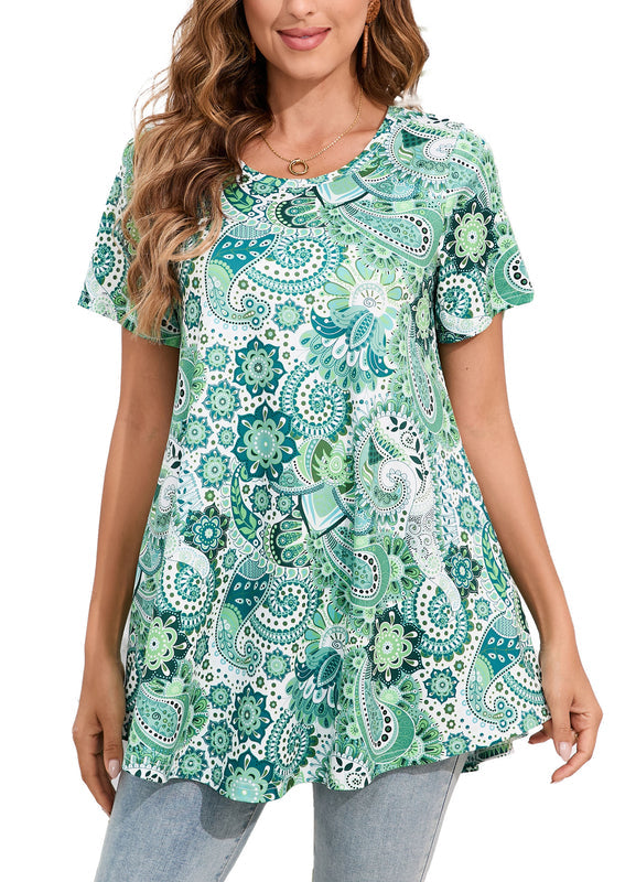 Sage Green Paisley Mandala Print Tunic Top – Women's Plus Size Short Sleeve Swing Blouse to Wear with Leggings (S–7XL) B7