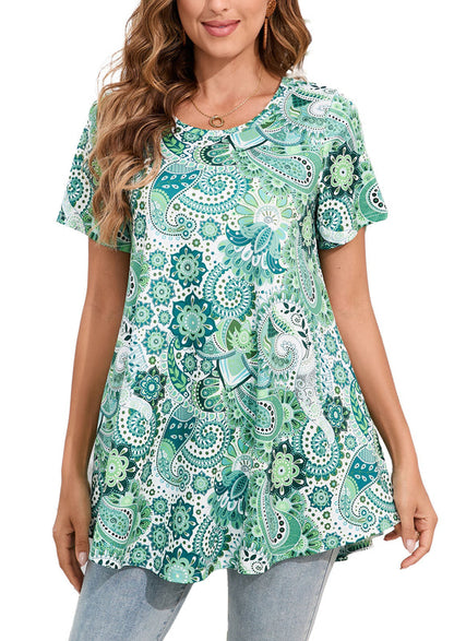 Sage Green Paisley Mandala Print Tunic Top – Women's Plus Size Short Sleeve Swing Blouse to Wear with Leggings (S–7XL) B7