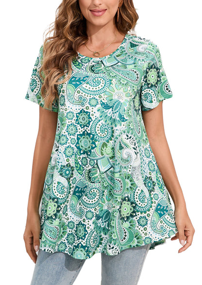 Sage Green Paisley Mandala Print Tunic Top – Women's Plus Size Short Sleeve Swing Blouse to Wear with Leggings (S–7XL) B7