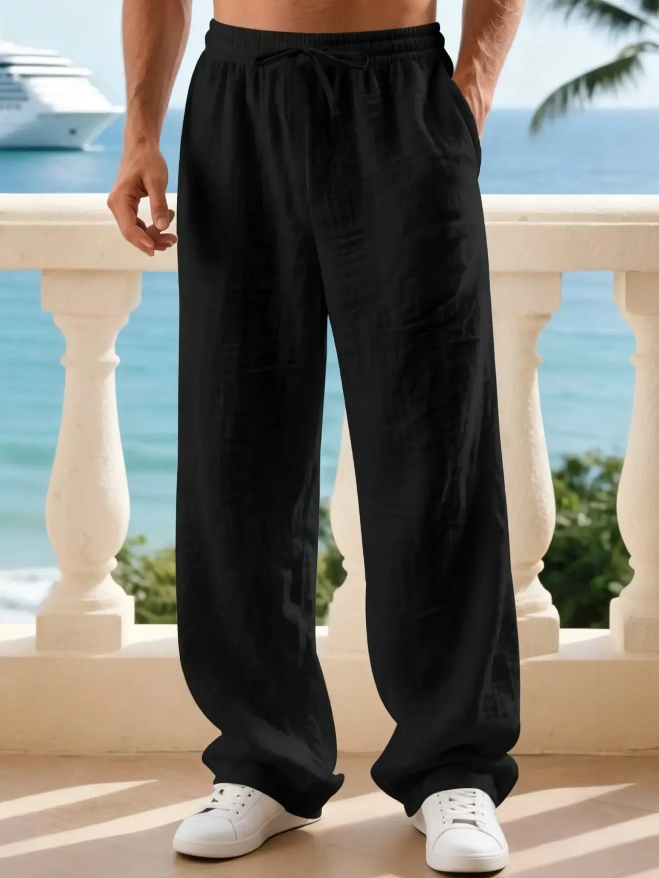 Men's Linen Classic Casual Straight Leg Pants, Breathable Comfortable Fashion Long Trousers, Perfect for Outdoor Travel Vacation Daily Wear Clothes