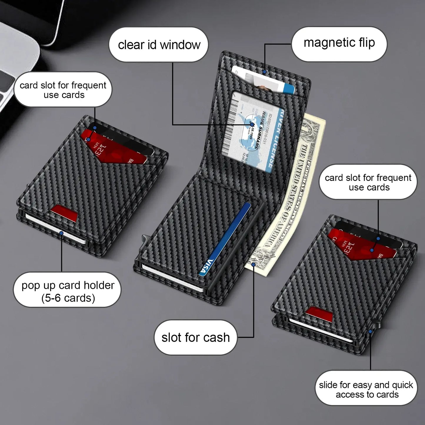 Men's Minimalist Bifold Wallet - 1 ID Window, Pop-Up Card Holder, Money Clip
