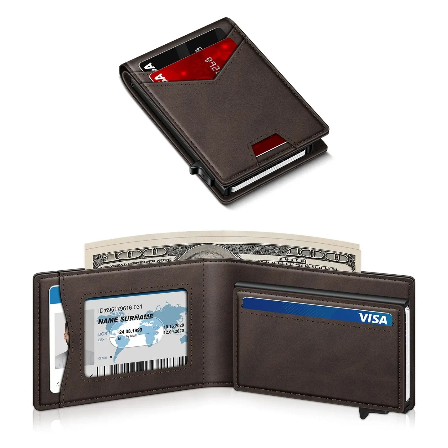 Men's Minimalist Bifold Wallet - 1 ID Window, Pop-Up Card Holder, Money Clip