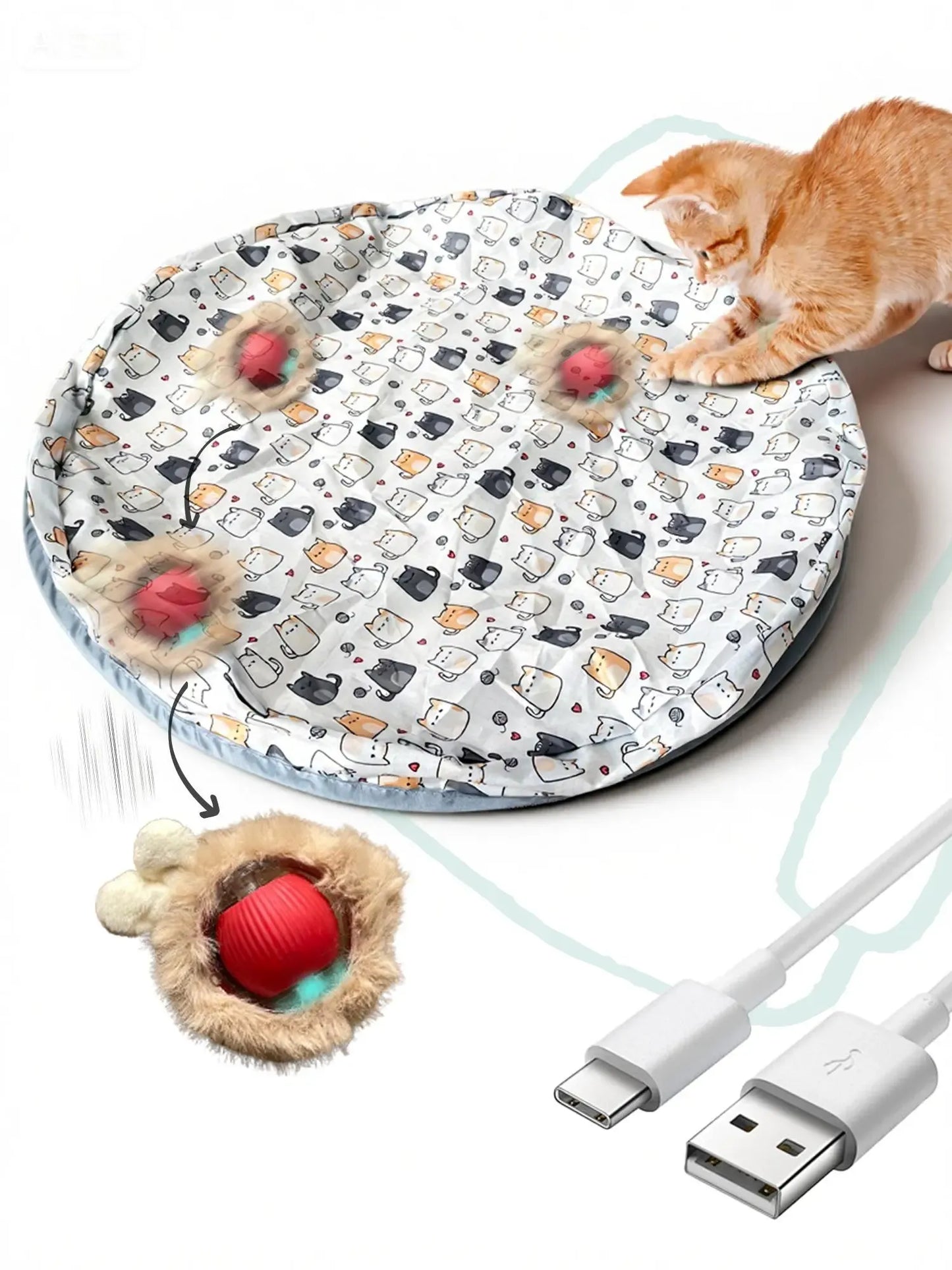 Interactive Cat Toy for Indoor Cats with automatic motion sensor, rechargeable moving ball and hide-and-seek mat