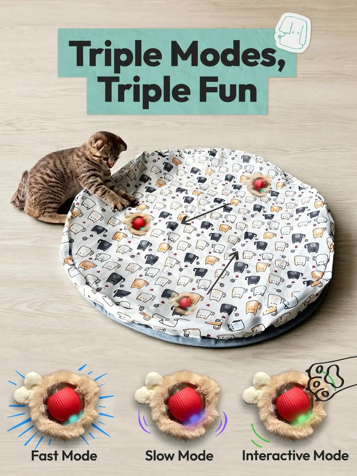 Interactive Cat Toy for Indoor Cats with automatic motion sensor, rechargeable moving ball and hide-and-seek mat