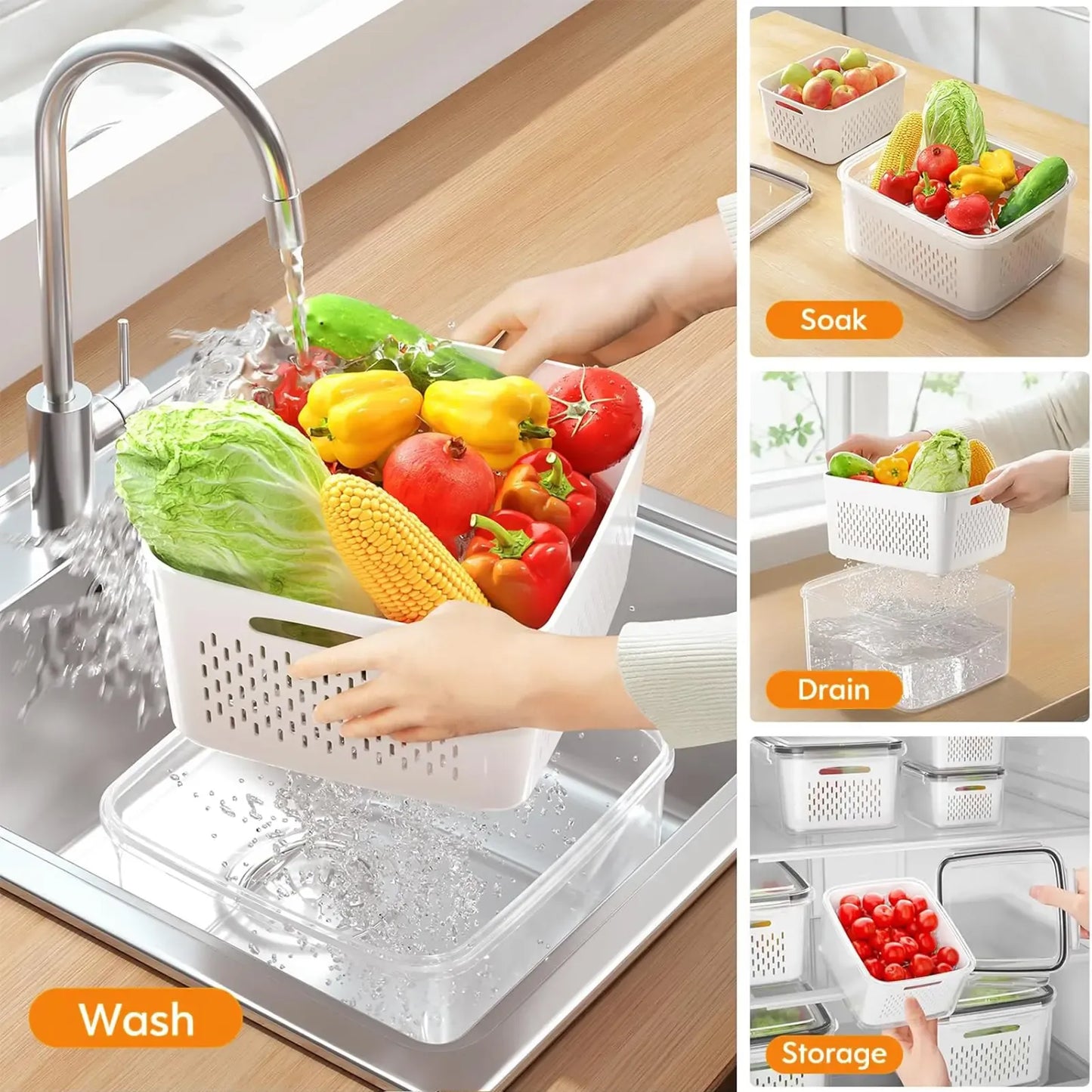 5 Pack Fridge Organizers and Storage - Stackable Fruit Storage Containers for Fridge with Removable Colander, BPA-Free Food Storage Container for Salad Berry Lettuce Vegetables Meat Keeper Fresh