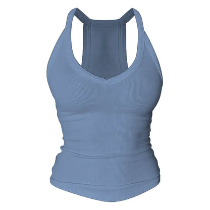 V Neck Cotton Tank Tops with Built-in Shelf Bra Sleeveless Racerback Fitted Basic Cami Shirts