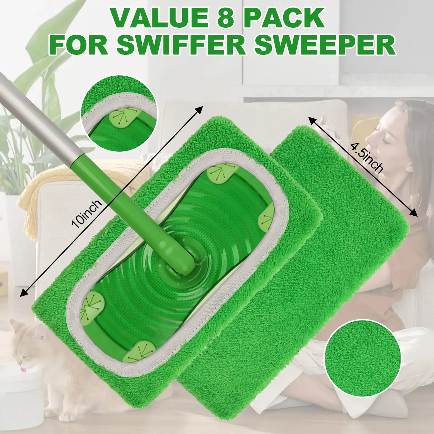 8Pcs Microfiber Mop Pads Compatible with  Mop Wet and Dry Flat mop Cover Replacement Reusable Sweeping pad Refills Handle Not Include
