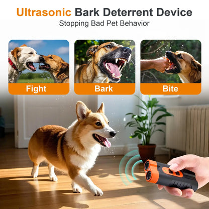 Ultrasonic Dog Barking Deterrent Training Tool - USB-Rechargeable, Dual Emitters, 50ft Range, 25KHz Frequency, Flashlight, Portable Grip, Accessory Kit for Indoor & Outdoor Dog Behavior Control