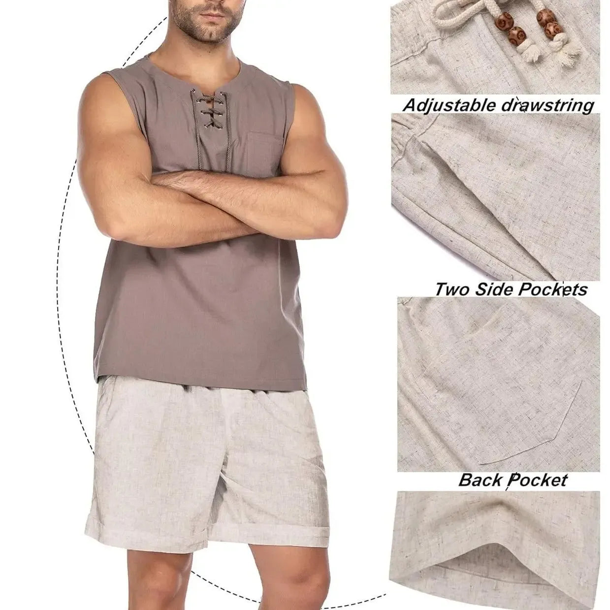 Men's Linen Casual Elastic Waist Drawstring Summer Beach Shorts