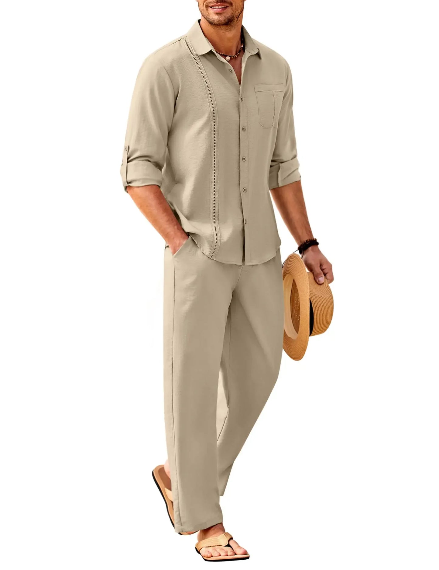 Men's 2 Piece Sets Casual Long Sleeve Button Down Cuban Shirt & Loose Pants