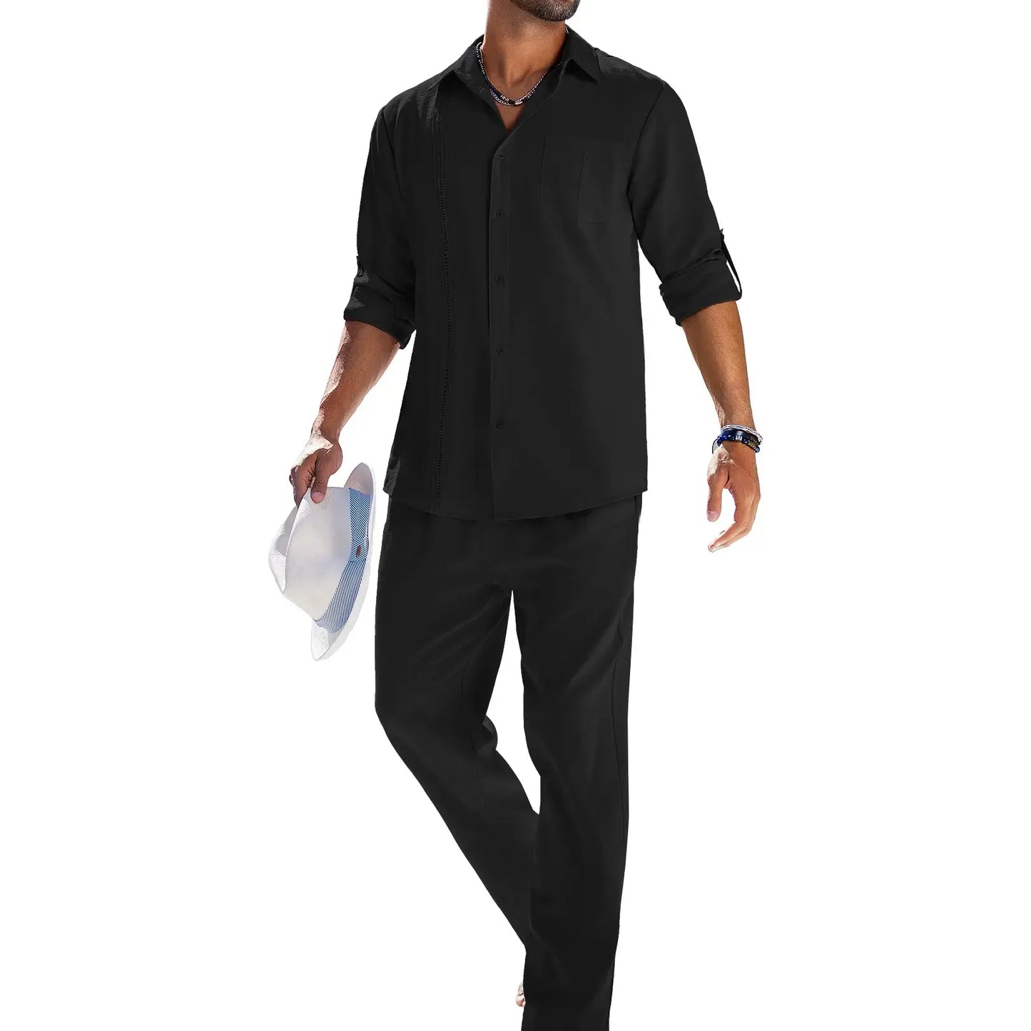 Men's 2 Piece Sets Casual Long Sleeve Button Down Cuban Shirt & Loose Pants