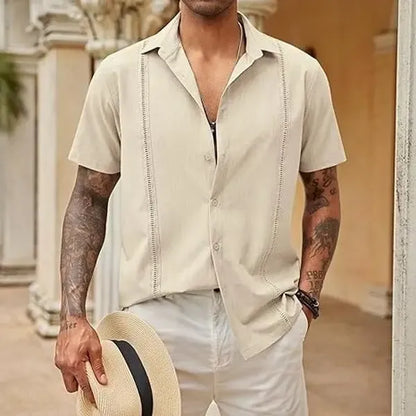 men's button up shirt, loose pleated short sleeved casual shirt