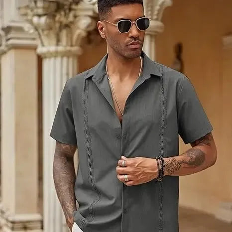 men's button up shirt, loose pleated short sleeved casual shirt