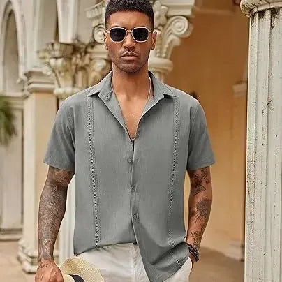men's button up shirt, loose pleated short sleeved casual shirt