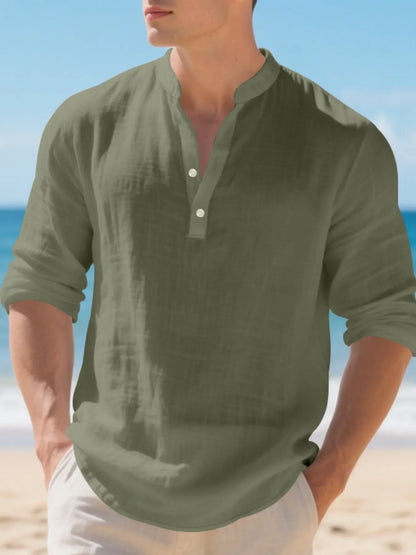 Men's Linen Stand Collar Shirt, Casual Buttons Collared Loose Breathable Long Sleeve Casual Top