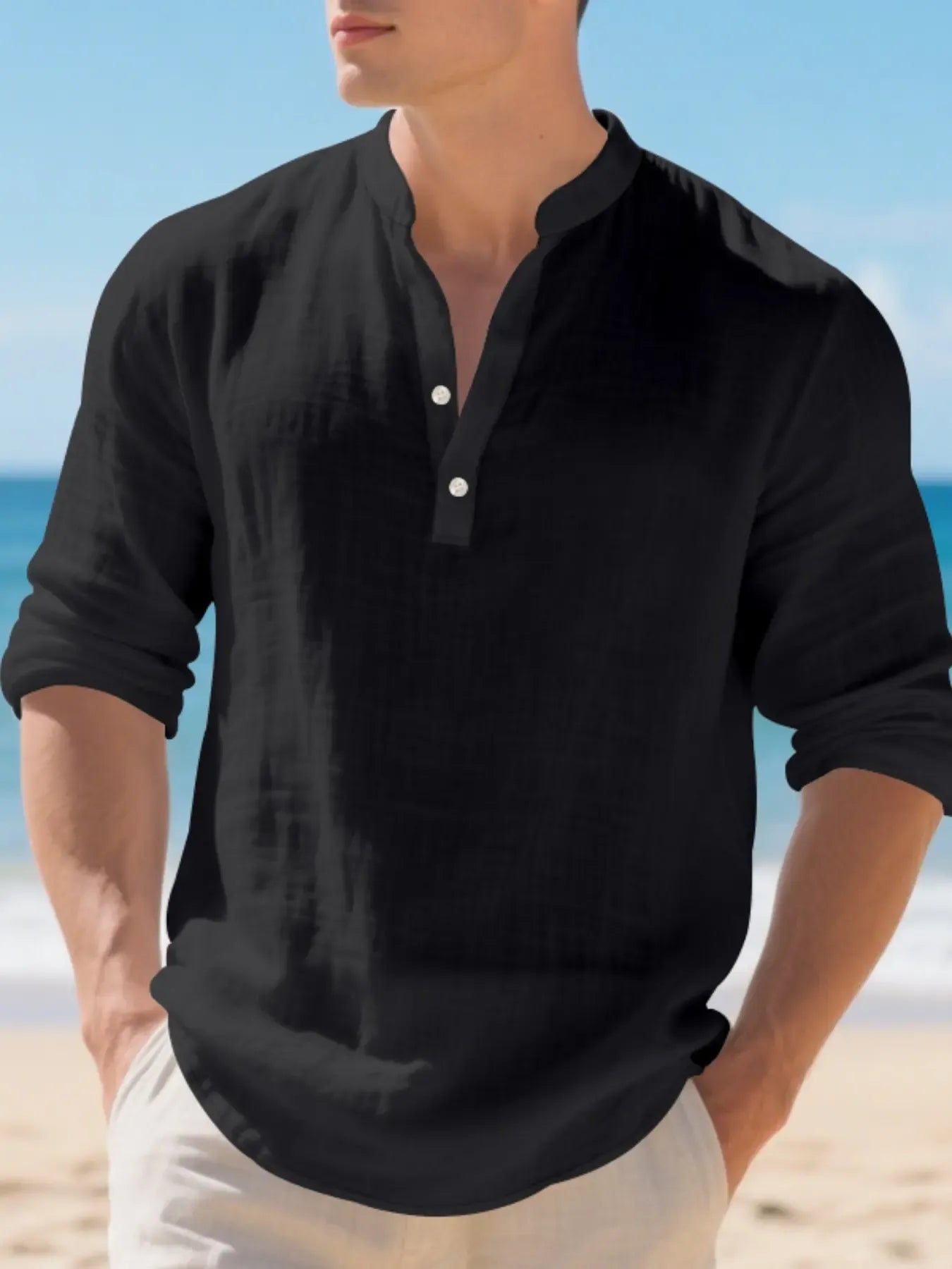 Men's Linen Stand Collar Shirt, Casual Buttons Collared Loose Breathable Long Sleeve Casual Top
