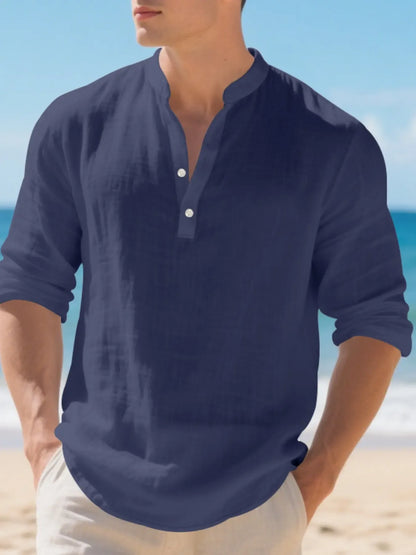 Men's Linen Stand Collar Shirt, Casual Buttons Collared Loose Breathable Long Sleeve Casual Top