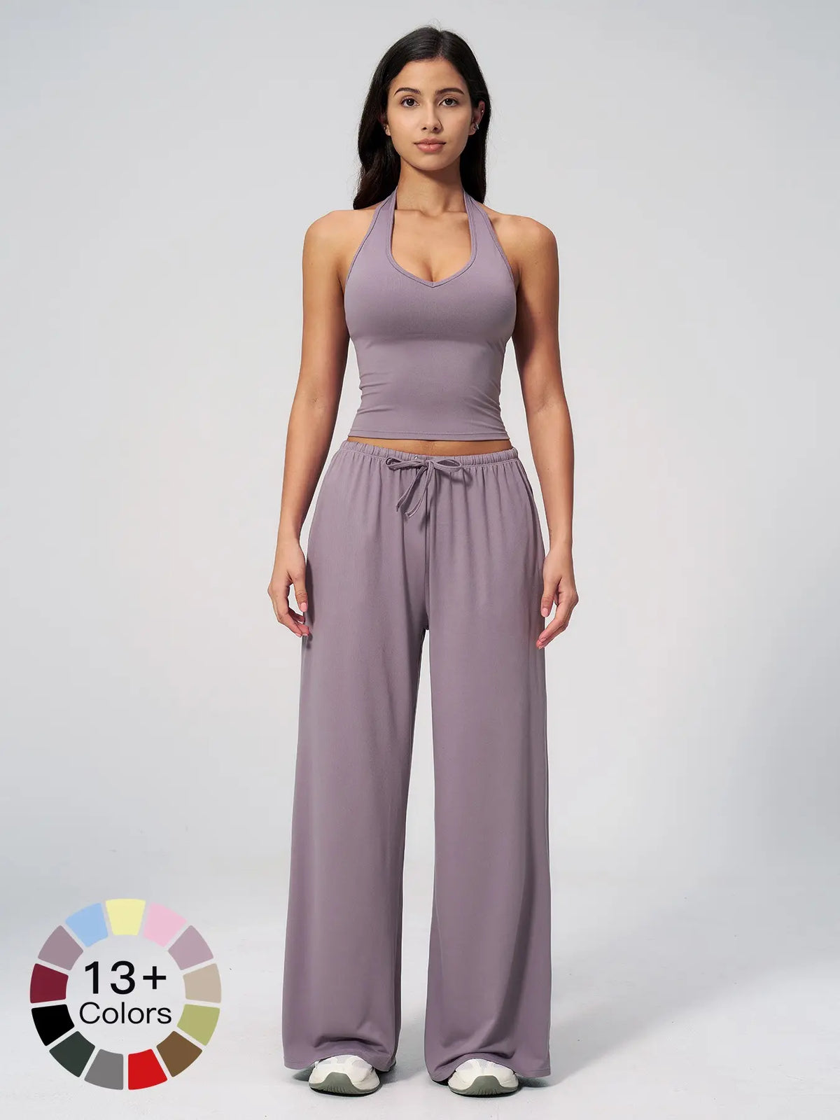 Women's 2-Piece Halter Neck Sports Set | Wide Leg Pants & Sleeveless Top for Workout, Running & Tennis