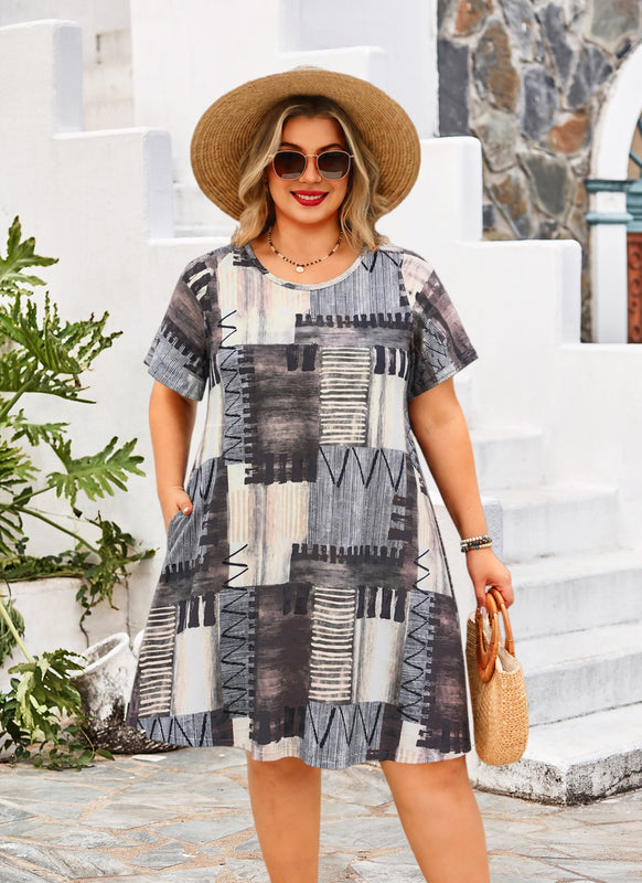 Women's Plus Size Plaid Dress – Short Sleeve with Pockets H12