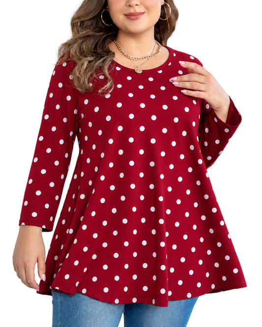 Plus Size Red Polka Dot Long Sleeve Swing Tunic