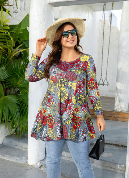 Womens Tunic Tops 3/4 Sleeve Plus Size Crew Neck Swing Flare Loose Fit T-Shirt Blouses to Wear with Leggings I