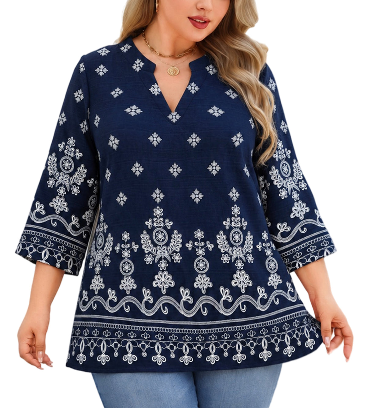 Splensive plus size Navy & White Border Print Tunic Top