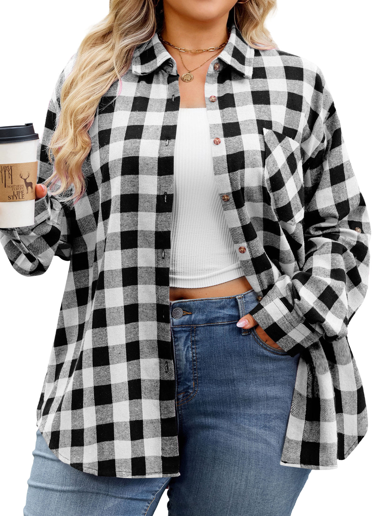 Splensive plus size Black & White Buffalo Plaid Button-Up Shirt