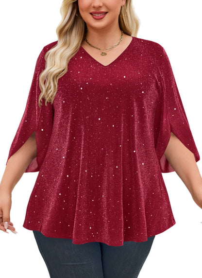 Plus Size Red Sparkle V-Neck Top S2