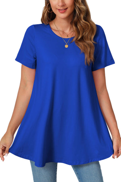 Royal Blue Short Sleeve Swing Tunic Top – Women's Plus Size Crew Neck Flowy Blouse to Wear with Leggings (S–7XL) b12