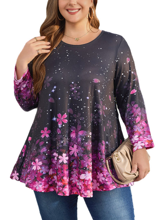 Women's Plus Size Pink Floral Tunic Top – 3/4 Sleeve Swing Flare Blouse d1
