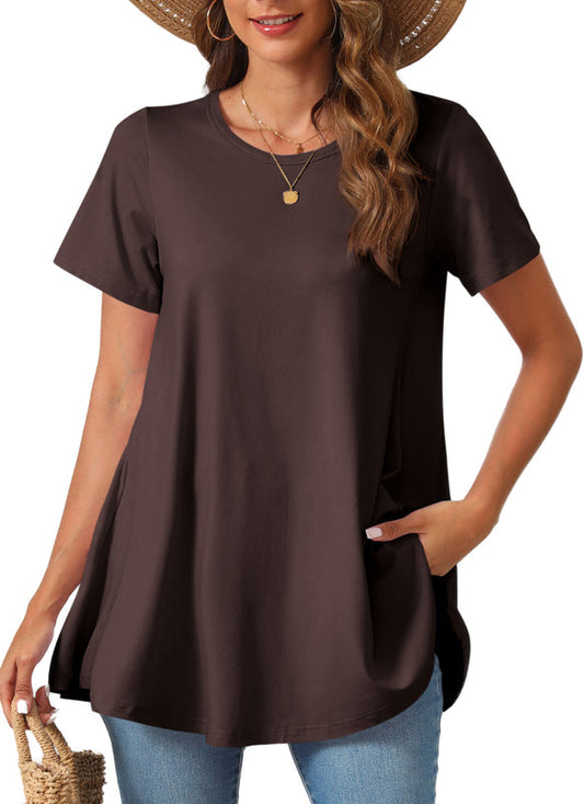 Dark Brown Short Sleeve Swing Tunic Top – Women's Plus Size Crew Neck Flowy Blouse to Wear with Leggings (S–7XL) b14