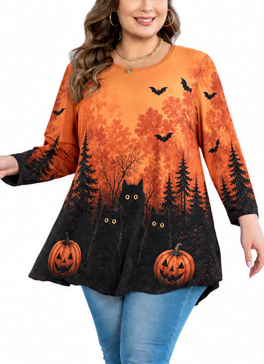 Women's Orange & Black Plus Size Swing Tunic Top – 3/4 Sleeve Flowy Blouse A49