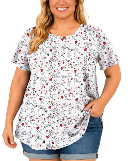 Plus Size White & Red Ditsy Floral Tunic Top