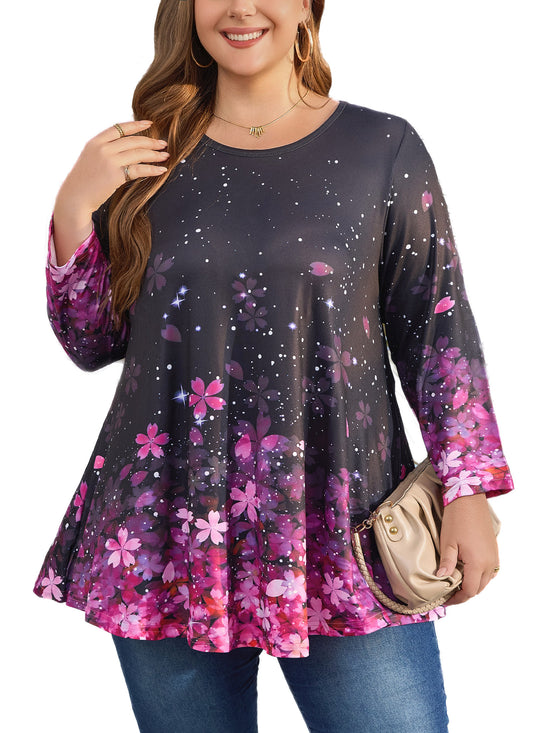 Womens Tunic 3/4 Sleeve Plus Size Tops Crew Neck Swing Flowy Loose Fit T-Shirt Blouses to Wear with Leggings