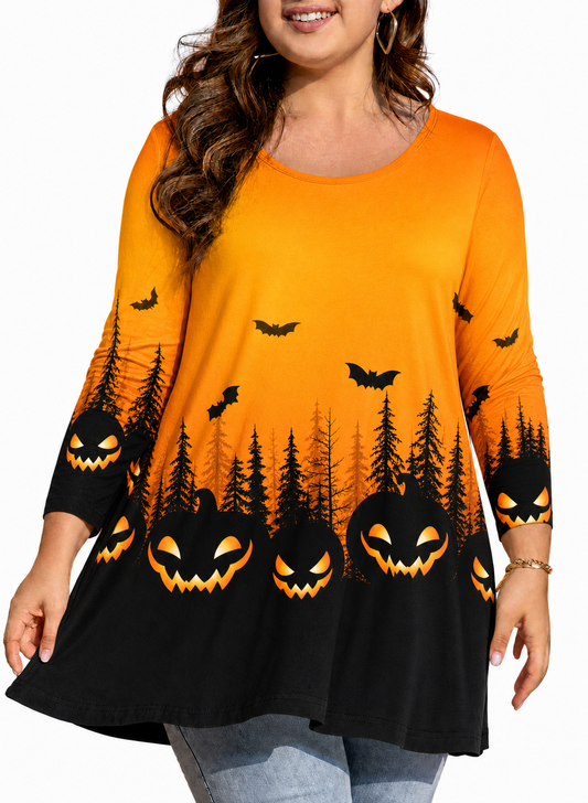 Plus Size Orange Halloween Pumpkin Tunic Top D36