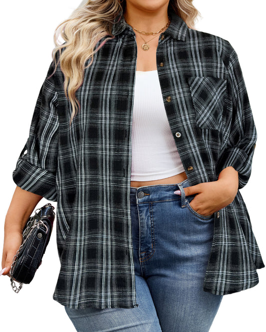 Plus Size Black Plaid Button-Up Shirt G26