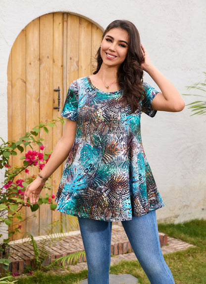 Aqua Tropical Snake Print Tunic Top – Women's Plus Size Short Sleeve Swing Blouse to Wear with Leggings (S–7XL) B5
