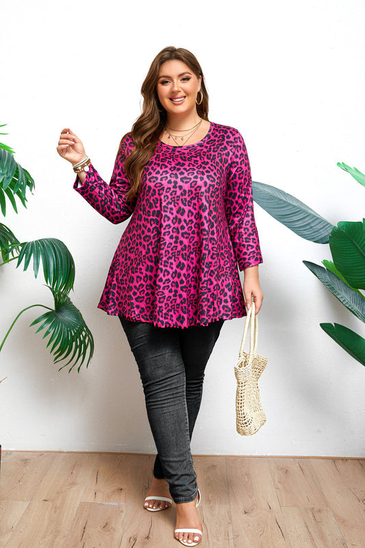 Women's Plus Size Hot Pink Leopard Print Tunic Top | 3/4 Sleeve Swing Blouse with Pockets, Flowy Fit, Wear with Leggings – S to 7XL A14