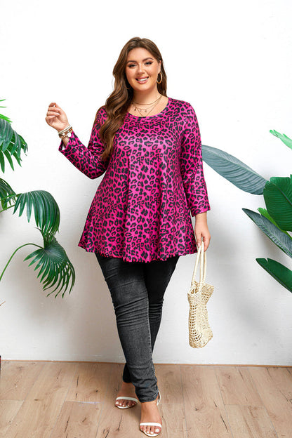 Women's Plus Size Hot Pink Leopard Print Tunic Top | 3/4 Sleeve Swing Blouse with Pockets, Flowy Fit, Wear with Leggings – S to 7XL A14