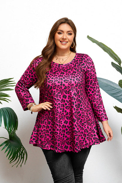Women's Plus Size Hot Pink Leopard Print Tunic Top | 3/4 Sleeve Swing Blouse with Pockets, Flowy Fit, Wear with Leggings – S to 7XL A14